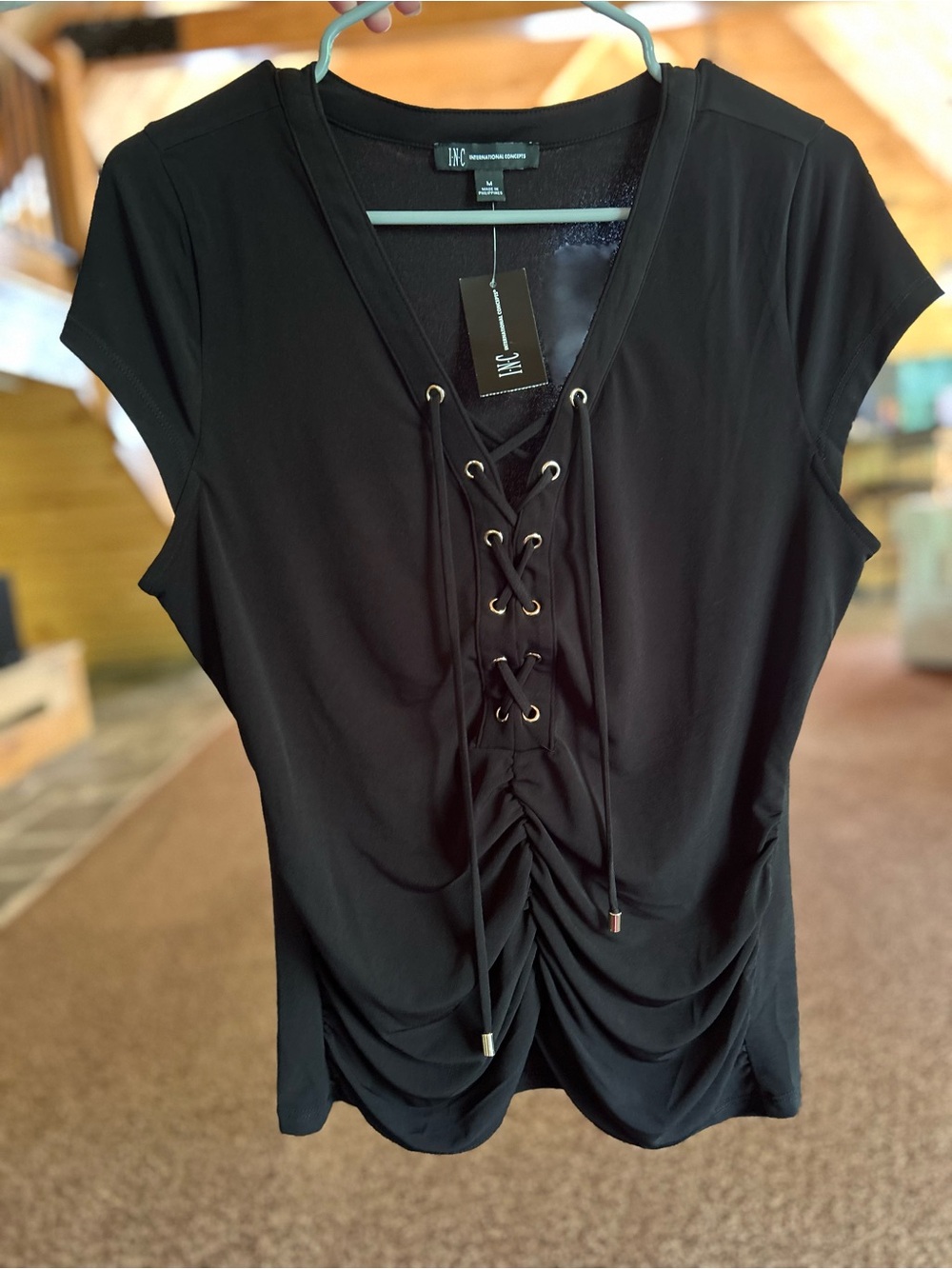 INC International Concepts Black Lace-Up Ruched V-Neck Short Sleeve Top